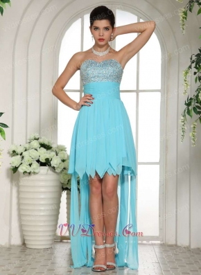 Aqua Blue Beaded Upper Body Watteau Train Prom Dress For Puberty Rite