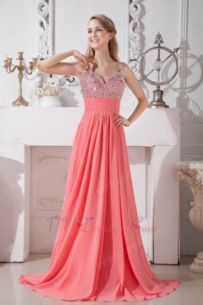 Straps Watermelon Chiffon Prom Dress With Flaring Beaded Bodice