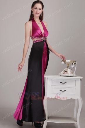 Floor Length Crystals Decorate Fuchsia And Black Prom Celebrity Dress