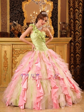 One Shoulder Interphase Pink Ruffles Skirt Quinceanera Dress