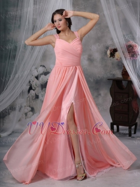 Watermelon Chiffon Pleat Prom Dress With Sexy High Split Inexpensive