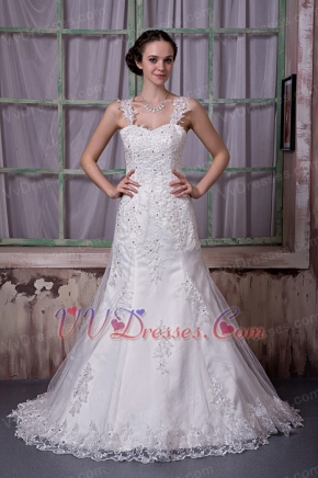 Luxurious Wide Straps Appliques Wedding Dress With Beads Emberllish Low Price