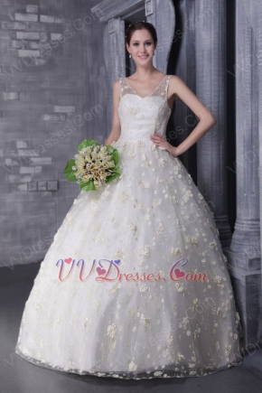 V-neck Floor-length Puffy Wedding Dress With Flowers Decorate