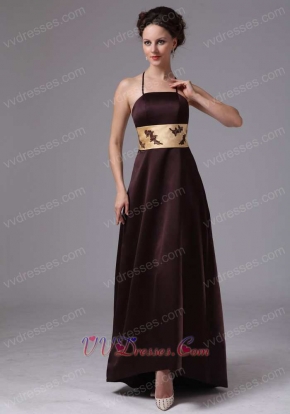 Spaghetti Straps Mother Of The Bride Elegant Brown Dress With Gold Sash
