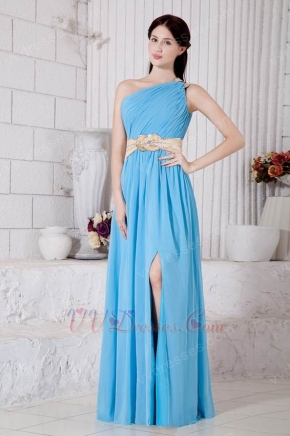 One Shoulder Neck Aqua Blue Prom Dress With Front Split