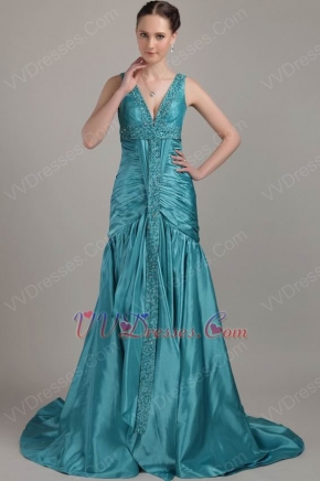 Teal Blue V-neck Customized Tailoring Prom Dress In Texas