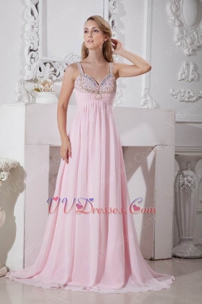 Affordable Straps Pink Chiffon Women In Prom Dress With Beading