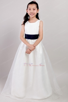 White A-line Scoop Floor-length Organza Belt Little Girl Dress