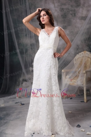 Column V-neck Floor Length Beach Wedding Dress White Lace Romantic