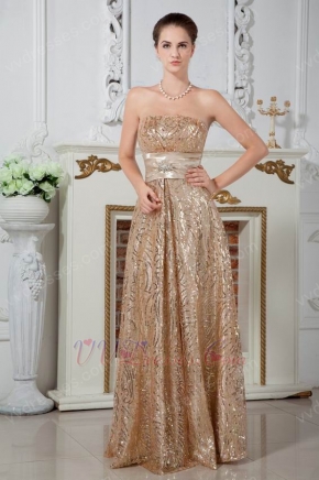 Flaring Strapless Sequin Belt Golden Formal Party Prom Dress