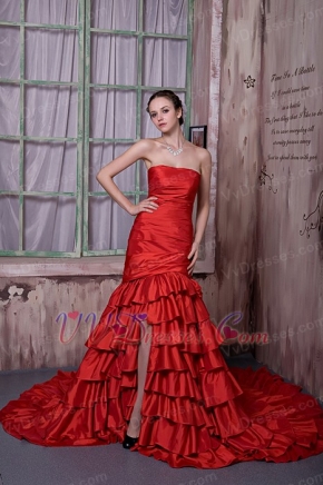 Scarlet Red Taffeta Ruffled Layers Slit Skirt Prom Dress Cathedral Train Inexpensive