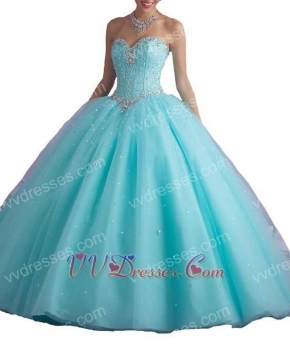 Classical Ice Blue Floor Length Crystals Puberty Girl Quince Party