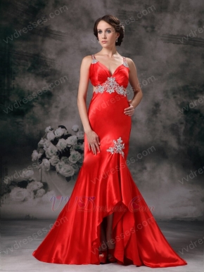 Cross Back Mermaid High-low Scarlet Prom Dress With Applique