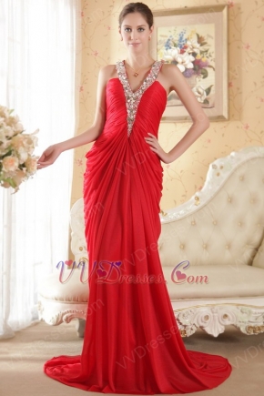 Halter V Neck Red Chiffon Prom Dress Crystals Emberllish