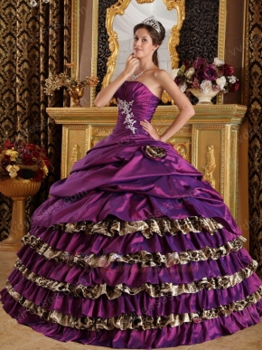 Cheap Puple Taffeta and Leopard Print Layers Skirt Quinceanera Gown