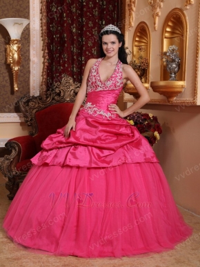 Applique Halter Floor-length Deep Pink La Quinceanera Dresses
