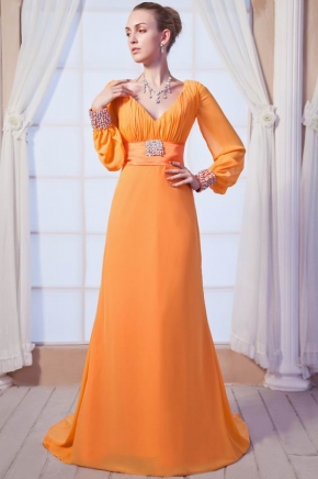 New Style Long Sleeves V-neck Orange Chiffon Prom Dress For Cheap