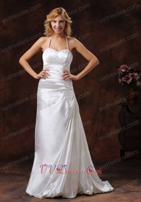 Halter Ivory Satin Brush Train Evening Dress Ruching Details