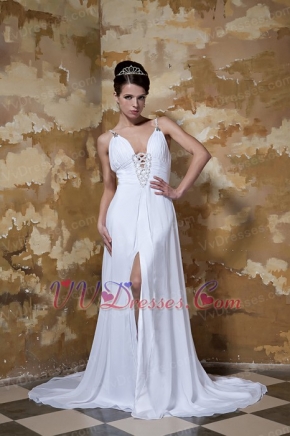 Sexy Spaghetti Straps White Chiffon Prom Formal Evening Dresses Inexpensive