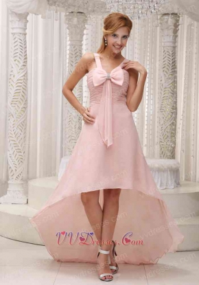 Pearl Pink Chiffon High-low Birthday Party Prom Dress Bowknot Design