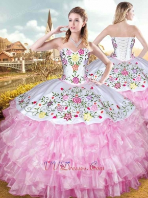 Western Hotel California Style Embroidery White Ball Gown Pink Layers Cake Skirt