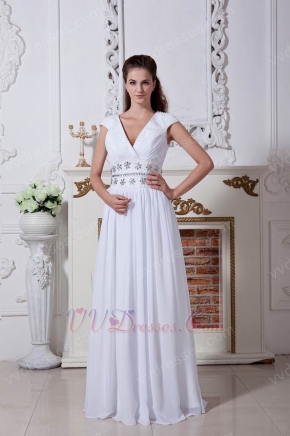 Inexpensive V-neck Cap Sleeves A-line Ivory Chiffon Prom Dress