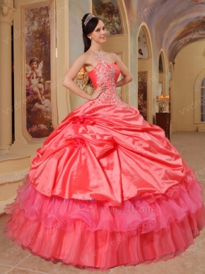 Coral Red And Hot Pink Quinceanera Dress With One Shoulder Skirt