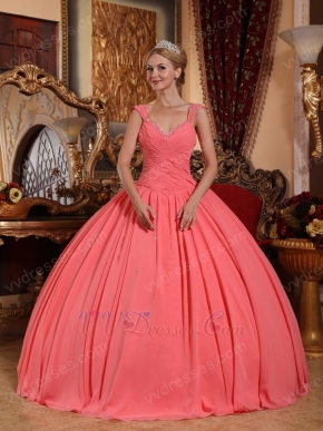 Watermelon Chiffon V-neck 2014 Spring Quinceanera Gown