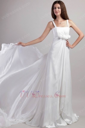 Watteau Train White Chiffon Prom Gown With Handmade Flowers