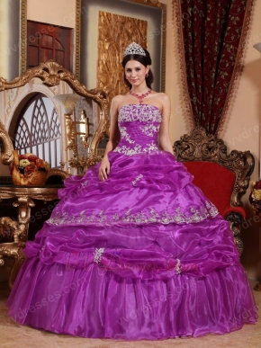 Strapless Purple Organza Puffy Dress To Quinceanera Wear