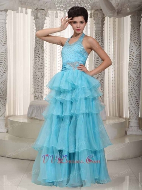 Beaded Aqua Blue Evening Dress With Halter Layers Skirt Night Club