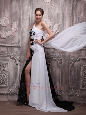 One Shoulder Watteau Flowers Contrast White and Black Prom Dress