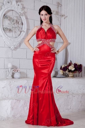 Classic Halter Beaded Mermaid Red Celebrity Dress