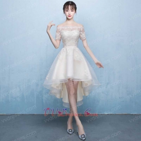 High Low Style Portrait Short Sleeve Prom Dress Champagne Lace Homecoming