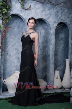 Scoop Watteau Train Black Chiffon Beaded Sexy Formal Night Dress Night Club