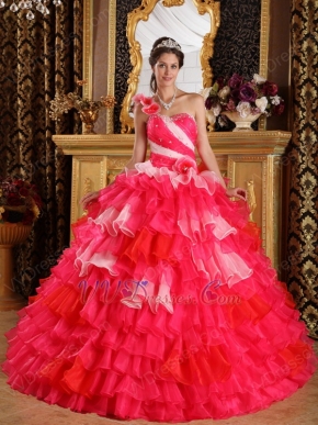 Single Shoulder Sweetheart 2014 Multi-Colored Layer Ruffle Quinceanera Gown