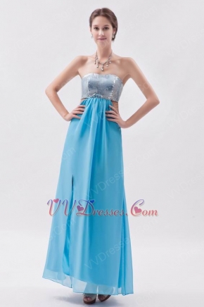 Sequin Strapless Tied Back Aqua Chiffon Prom Dress With Split