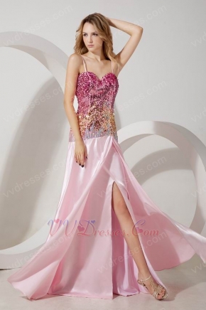 Unique Spaghetti Straps Colorful Sequin Pink Prom Dress With Split