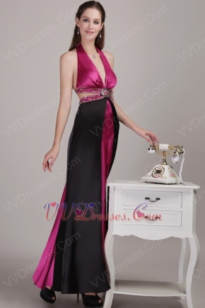 Floor Length Crystals Decorate Fuchsia And Black Prom Celebrity Dress