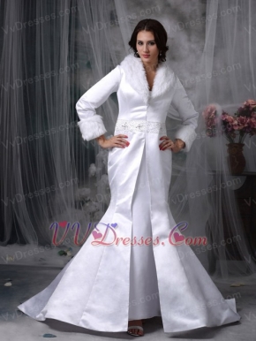 Mermaid Long Sleeves Collar Warm Wedding Dress For Winter Low Price