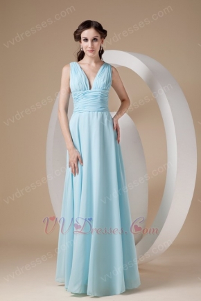 V Neck Floor Length Chiffon Skirt Baby Blue Prom Dress Maker