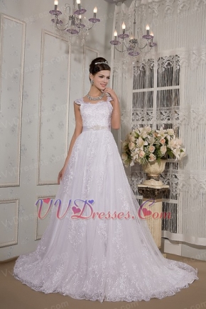 Brand New Square Neck Wide Straps Lace Embroidery Wedding Dress Low Price