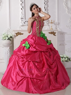 Beaded Deep Pink Quinceanera Gown With Spring Green Hand Made Flowers