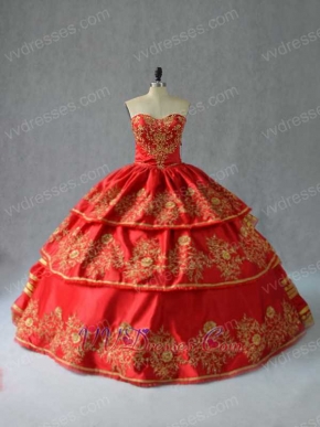 Vintage Western Gold Embroidery Layers Juniors Red Quinceanera Ball Gown Princess