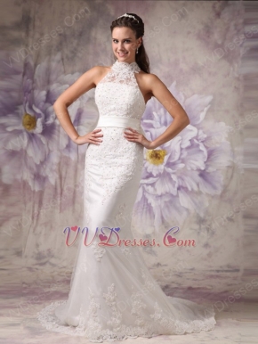 Woman In Cheap Mermaid High Neck Lace Wedding Dress