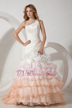 One Shoulder Fading Color Mermaid Layers Ruffles Wedding Dress