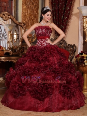 Basque Burgundy Quinceanera Dresses With Ruffled Flowers