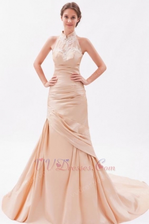 Halter Mermaid Chapel Peach Puff Prom Evening Dress With Appliques