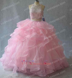 Pink High Collar Two-Pieces Ball Gown Ruffles With Flexible Horsehair Edge
