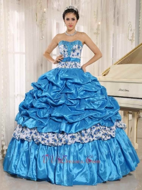 Brilliant Sky Blue Taffeta and Printed Floral Collocation Ball Gown